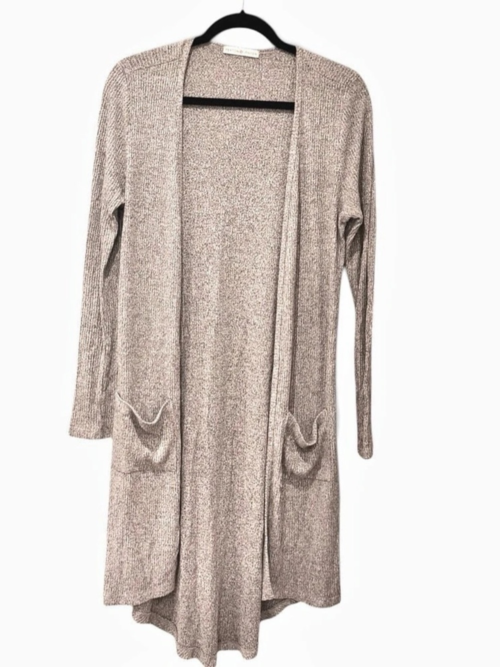 Peyton Jensen Long Open Front Ribbed Cardigan Heather Gray Pockets Size M